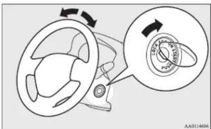 Diagram showing car steering wheel with clockwise rotation and a circular dial view highlighting the wheel's center.
