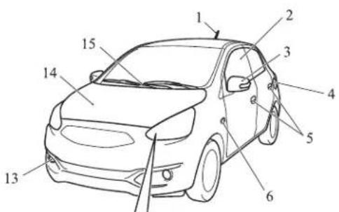 Technical diagram of a car with numbered parts for identification