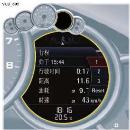 9CD_805 行程 始于 15:44 行驶时间 0:17 2 距离 11.6 3 油耗 9.7 Reset 时速 43 km/h 18:16 20.5°