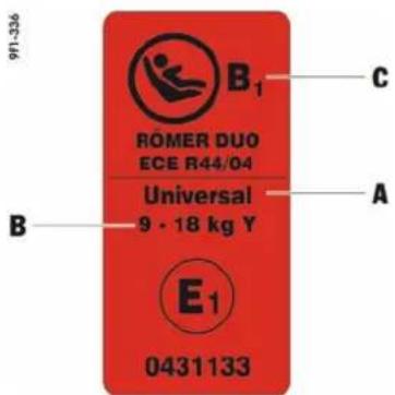 991-336 B₁ ROMER DUO ECE R44/04 Universal 9 - 18 kg Y B E₁ 0431133 C A
