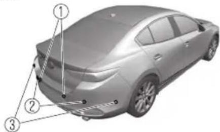 Technical diagram of a sedan rear view with numbered annotations indicating component locations