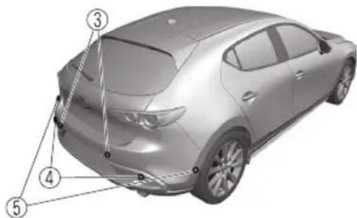 Technical diagram of a car rear view with numbered annotations pointing to different body parts.
