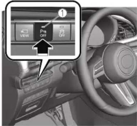 Car interior control panel with directional buttons labeled VIEW, P, and OFF, showing a vehicle ahead view.