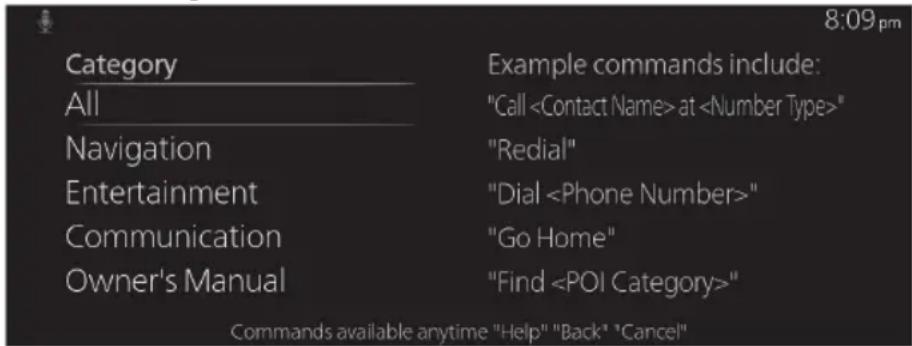 8:09 pm Category All Navigation Entertainment Communication Owner's Manual Example commands include: "Call at " "Redial" "Dial " "Go Home" "Find " Commands available anytime "Help" "Back" "Cancel"