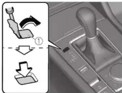 Diagram showing car gear shift mechanism with labeled parts and directional arrows