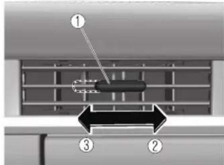 Diagram of a car air conditioner panel with labeled parts and directional arrows indicating movement or flow.