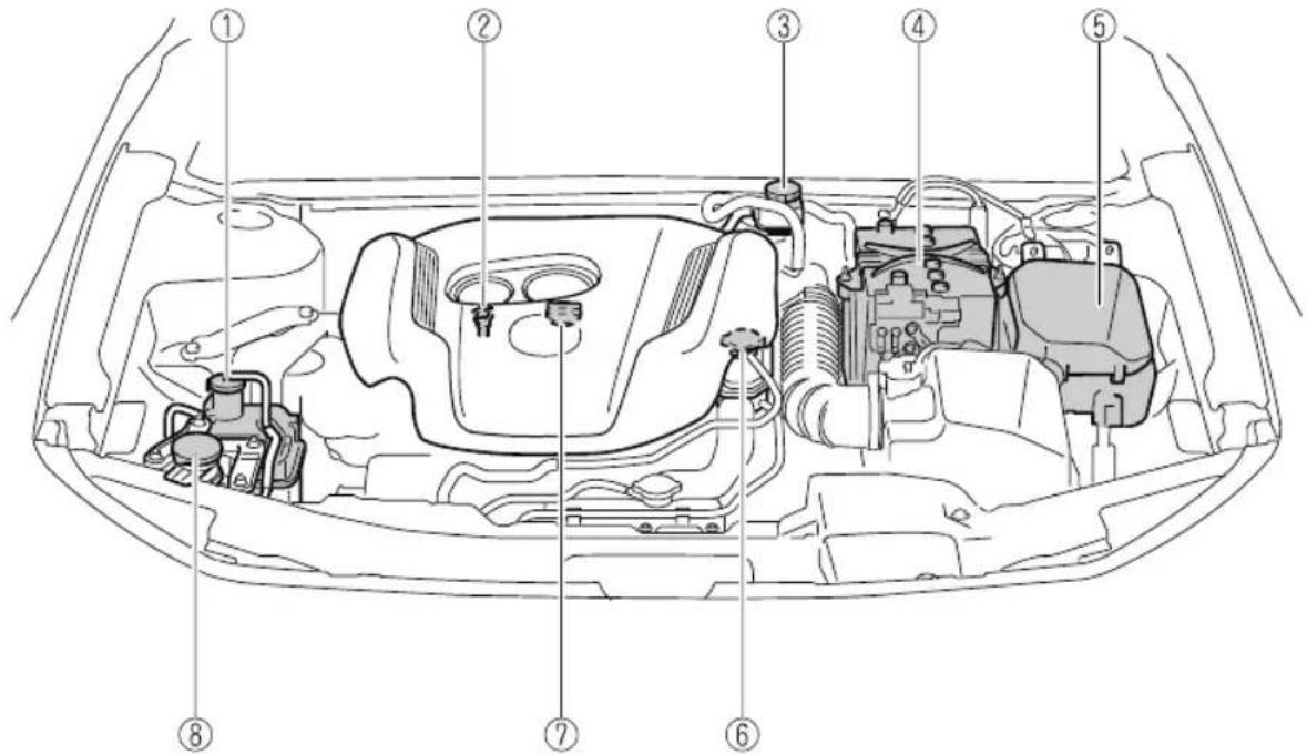 Technical diagram of a car engine bay with numbered components for identification