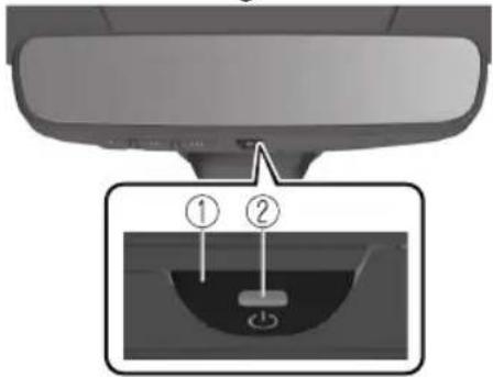 Diagram showing a car rearview mirror with labeled parts and a close-up of the interior panel showing a button and rotation indicator.