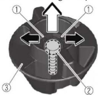 Technical diagram of a mechanical component with numbered parts and directional arrows indicating flow or movement.