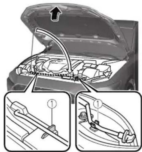 Diagram showing engine compartment with attached components and numbered parts, including a directional arrow and labeled parts ①.