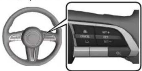 Diagram of a car steering wheel and dashboard with labeled controls and a close-up view showing the 97+ fuel efficiency indicator.