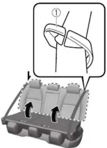 Diagram showing a car seat assembly with labeled parts and directional arrows indicating movement or force.