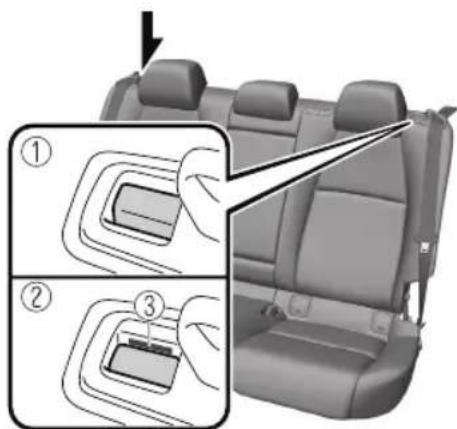 Diagram showing car seatbelt buckle assembly steps with numbered instructions for lifting and adjusting the seat.