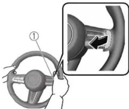 Diagram showing car steering wheel and wheel assembly with labeled component ①, including a close-up view of the wheel's internal structure.