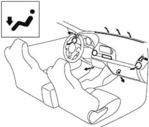 Diagram showing car steering wheel and dashboard with directional arrows indicating motion, accompanied by a small inset image of a person walking with a downward arrow.