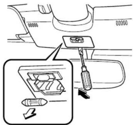 Diagram showing car interior control panel with tool and component insertion, including a zoomed-in view of the internal compartment.