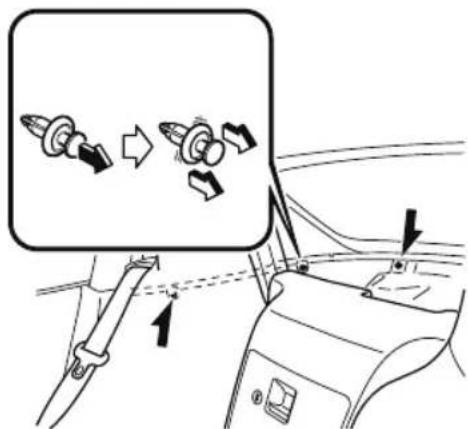 Diagram showing car seatbelt adjustment with arrows and a magnified view of the switch mechanism