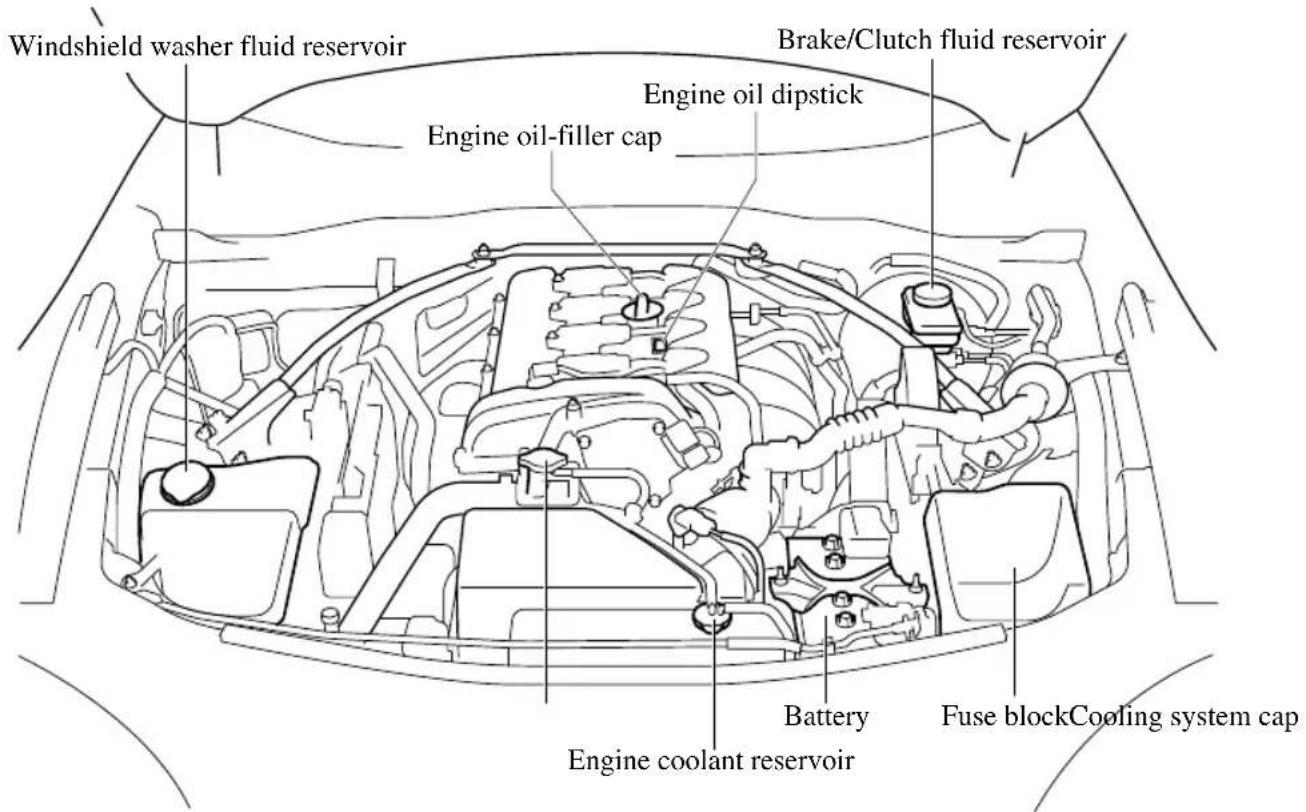 Windshield washer fluid reservoir Engine oil-filler cap Engine oil dipstick Brake/Clutch fluid reservoir Battery Fuse blockCooling system cap Engine coolant reservoir
