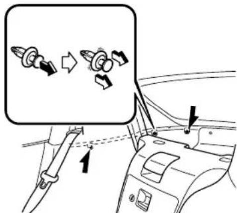 Diagram showing car seatbelt adjustment with arrows and magnified view of gear shift