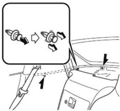 Diagram showing car door seat assembly with directional arrows and component placement, including a magnified view of the gear shift.