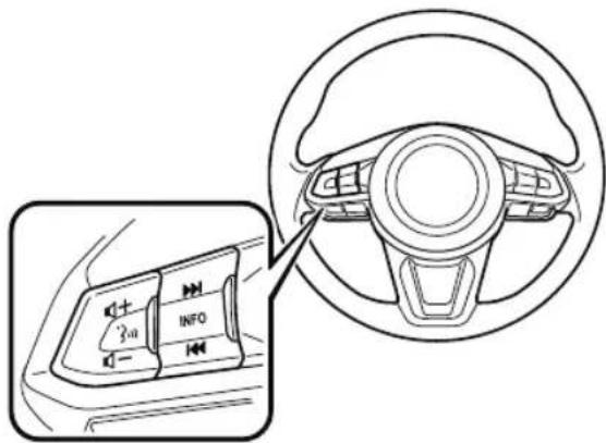 Diagram of car interior showing steering wheel with directional control buttons and a close-up of the dashboard's left side.