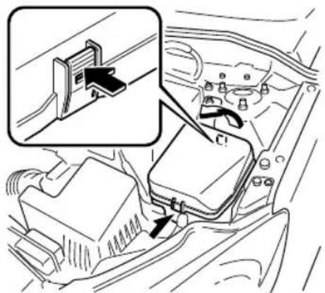 Technical diagram showing a car engine compartment with an inset close-up of the internal component, labeled with Chinese character 'C!'