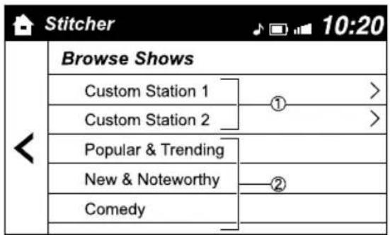 Stitcher 10:20 Browse Shows Custom Station 1 ① > Custom Station 2 > Popular & Trending New & Noteworthy ② Comedy