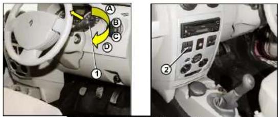 Car interior control panel with labeled buttons and directional arrows indicating movement or movement