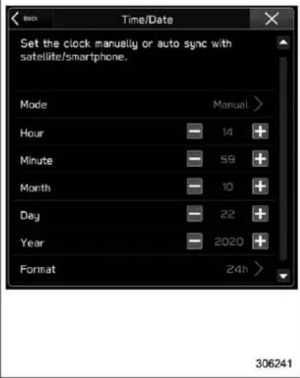 Back Time/Date Set the clock manually or auto sync with satellite/smartphone. Mode Manual > Hour 14 + Minute 59 + Month 10 + Day 22 + Year 2020 + Format 24h > 306241