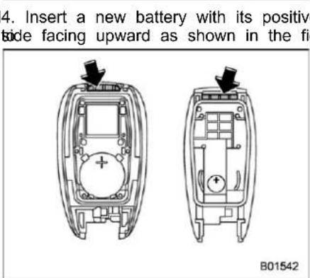 4. Insert a new battery with its positive side facing upward as shown in the fi B01542