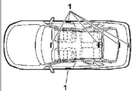 Technical diagram of a car interior with labeled components, showing structural layout and component annotations.