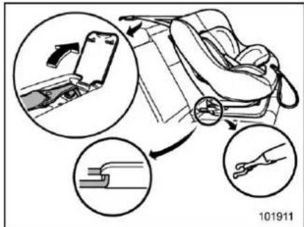 Diagram illustrating car seatbelting steps with magnified insets showing hand positioning and cutting tool placement.