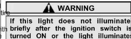 WARNING If this light does not illuminate briefly after the ignition switch is turned ON or the light illuminates