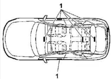 Technical diagram of a vehicle interior with labeled components and structural details