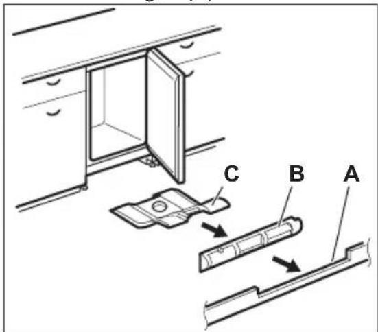 Technical diagram showing a door opening with labeled parts A, B, and C, indicating assembly or installation steps.