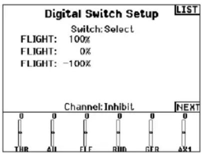 Digital Switch Setup LIST Switch: Select FLIGHT: 100% FLIGHT: 0% FLIGHT: -100% Channel: Inhibit NEXT TUR ALL FLF RUB GFB AX1