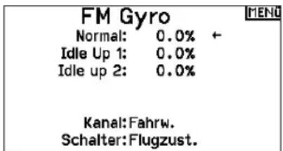 FM Gyro Normal: 0.0% + Idle Up 1: 0.0% Idle up 2: 0.0% Kanal:Fahrw. Schalter:Flugzust.