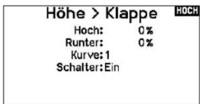 Höhe > Klappe Hoch: 0% Runter: 0% Kurve:1 Schalter:Ein