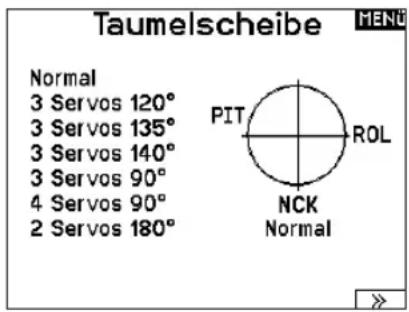 Taumelscheibe MENU Normal 3 Servos 120° 3 Servos 135° 3 Servos 140° 3 Servos 90° 4 Servos 90° 2 Servos 180° PIT ROL NCK Normal