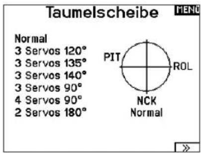 Taumelscheibe Normal 3 Servos 120° 3 Servos 135° 3 Servos 140° 3 Servos 90° 4 Servos 90° 2 Servos 180° PIT ROL NCK Normal