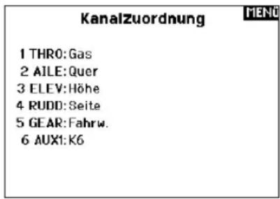 Kanalzuordnung 1 THRO: Gas 2 AILE: Quer 3 ELEV: Höhe 4 RUDD: Seite 5 GEAR: Fahrw. 6 AUX1: K6