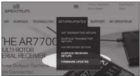 SPEKTRUM AIR SURFACE TECHNOLOGY THE AR7700 MULTI-ROTOR ERIAL RECEIVER three Output Options ne Connector. SETUPS/UPDATES AIR TRANSMITTER SETUPS SURFACE TRANSMITTER SETUPS AIR RECEIVER SETUPS SURFACE RECEIVER SETUPS FIRMWARE UPDATES
