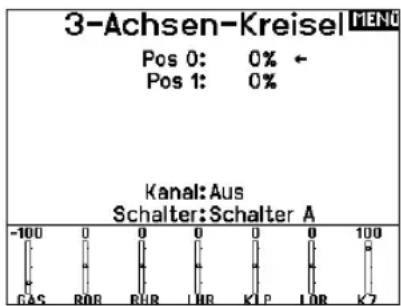 3-Achsen-Kreisel MENU Pos 0: 0% ← Pos 1: 0% Kanal:Aus Schalter:Schalter A -100 0 0 0 0 0 100 GAS BOR BUR LBR KLP LOR K7