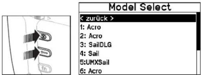 Model Select < zurück > 1: Acro 2: Acro 3: SailDLG 4: Sail 5:UMXSail 6: Acro