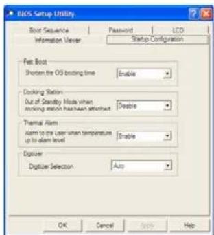 BIOS Setup Utility Boot Sequence | Password | LCD Information Viewer | Startup Configuration | First Boot Shorten the OS loading time | Enable Cooking Station Out of Standby Mode when moving each switch attachment | Enable Thermal Alarm Alarm to the User when temperature up to alarm level | Enable Digital Selector Digitizer Selection | Auto OK Cancel Apply Help