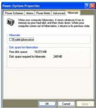 Power Options Properties Power Schemes Alarms Power Meter Advanced Hibernate When your computer hibernates, it stores whatever it has in memory as your hard disk. and then shuts down. When your computer comes out of hibernation, I returns to its previous state. Hibernate Enable hibernations Disk space for hibernation Free disk space: 16.072 MB Disk space required to hibernate: 248MB OK Cancel Save