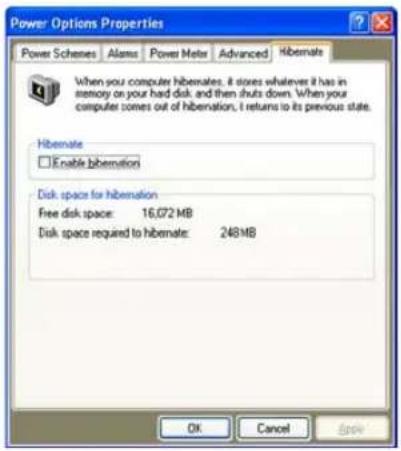 Power Options Properties Power Schemes Alarms Power Meter Advanced Hibernate When your computer hibernates, it stores whatever it has in memory on your hard disk and then shuts down. When your computer comes out of hibernation, it returns to its previous state. Hibernate □ Enable hibernation Disk sp…