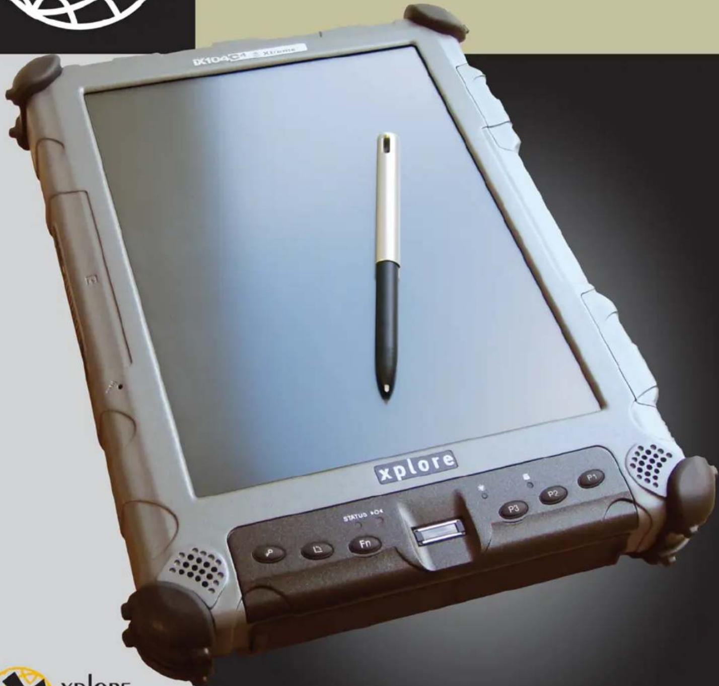 Exterior view of a generic xplore electronic device with a stylus pen on its screen (no readable text or symbols beyond branding)