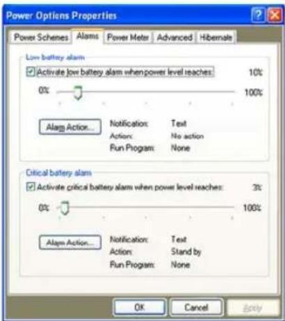 Power Options Properties Power Schemes Alarms Power Meter Advanced Hibernale Low battery alarm ✓ Activate low battery alarm when power level reaches: 10% 0% 100% Alarm Action... Notification: Text Action: No action Run Program: None Critical battery alarm ✓ Activate critical battery alarm when power…