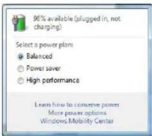 96% available (plugged in, not charging) Select a power plan • Balanced • Power saver • High performance Learn how to conserve power More power options Windows Mobility Center